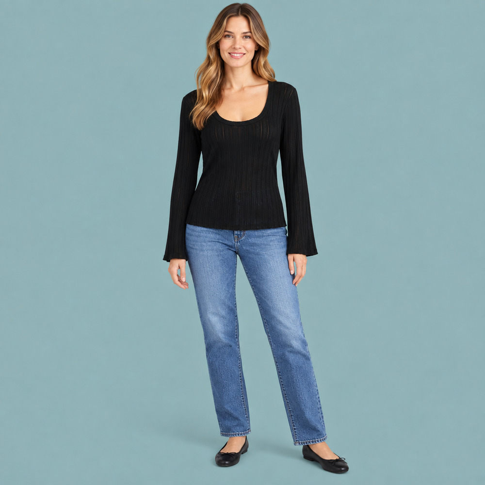 By Anthropologie Size Medium M Black Solid Ribbed Scoop Neck Viscose Knit Top